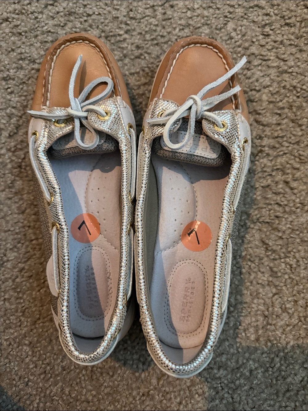 Sperry Women's Metallic Silver Boat Shoes with Tan Leather Toe